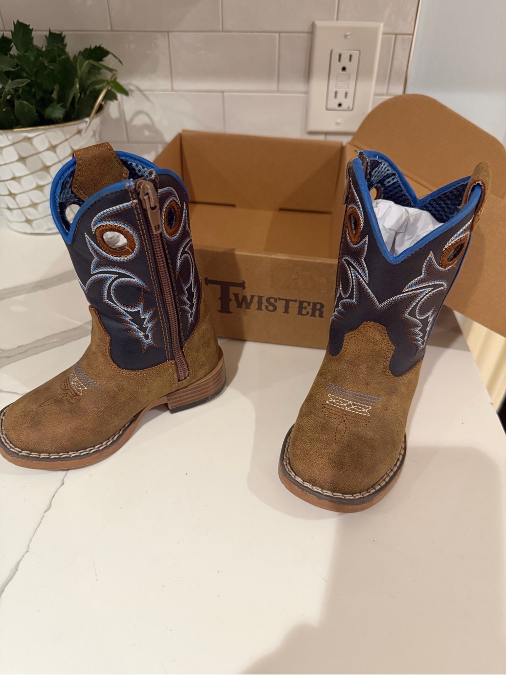 Twister Brown and Navy Kids' Western Zip-Back Boots